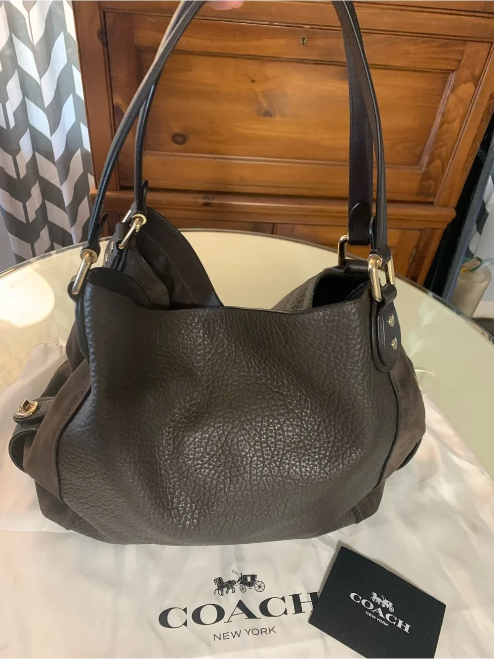 Coach Edie Shoulder Bag in Chestnut and Light Gold EUC.